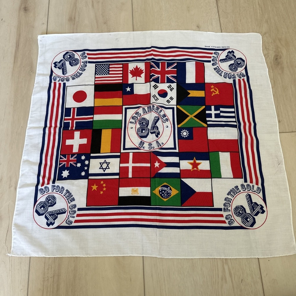 Vintage 1984 Olympic Bandana RN 14193 "Go For The Gold" Poly/Rayon 21 x 21 Inch